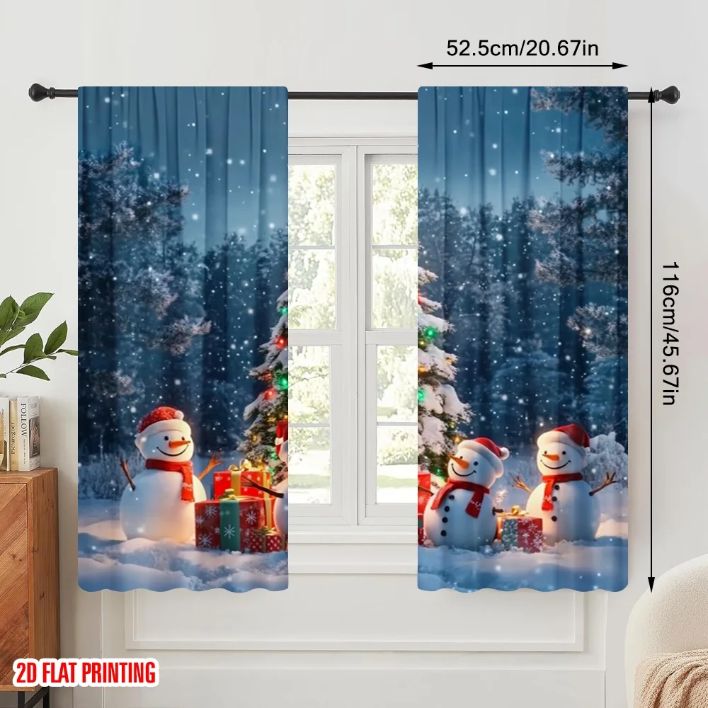 2pcs,2D plane printing Curtains Snowman Christmas Tree Gifts (2) Durable 100% Polyester Fabric (without rod) Home Decor Perfect