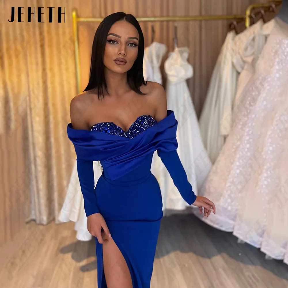 JEHETH Azul Mangas Longas Vestidos Para As Mulheres Prom Sweetheart Off ShouldeJEHETH Azul Mangas Compridas Vestidos Para Mulheres Prom Sweetheart Off Shoulder Vestido de Noite Satin Side Split Sereia vestidos de noche