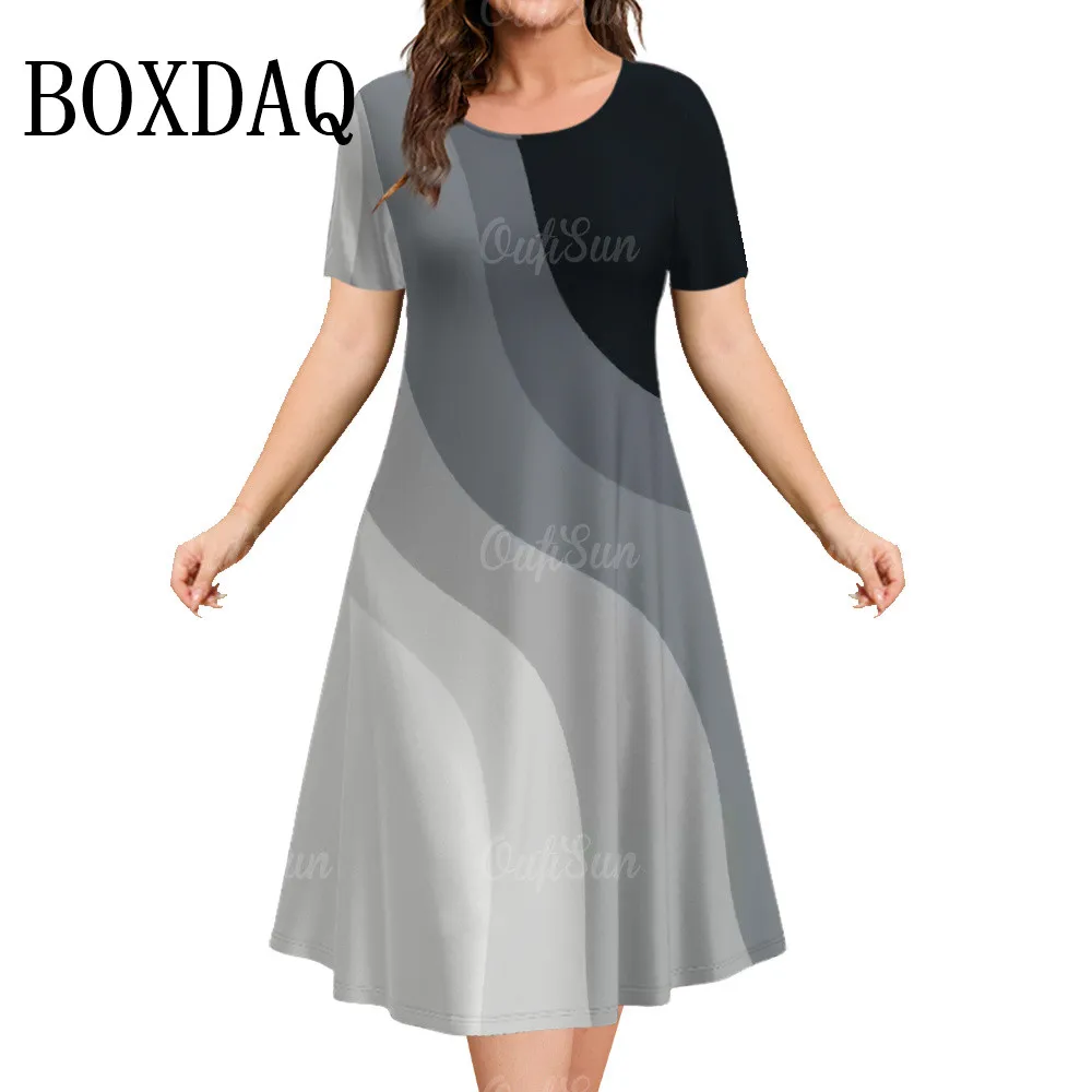 Damenbekleidung, kurzärmeliges Kleid, lockere Kleider, 3D-Streifen, bedruckt, modische Kleidung, Sommer, lässiges Sommerkleid, A-Linien-Kleid