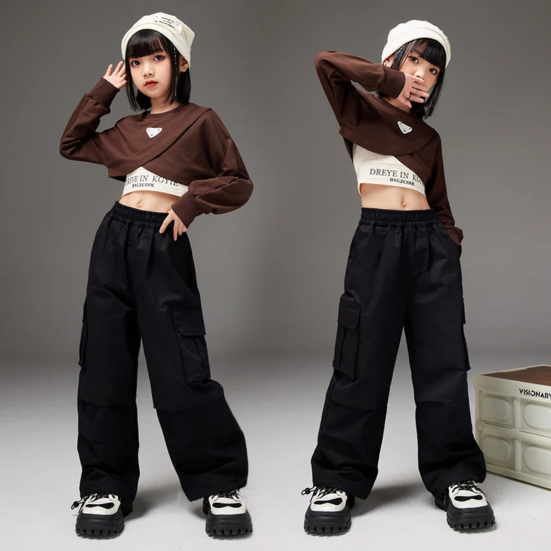 Girls Streetwear Outfits Children Hip Hop Crop Tops Black Cargo Pants Clothes Sets Kids Cute Street Dance Jazz Stage Costumes