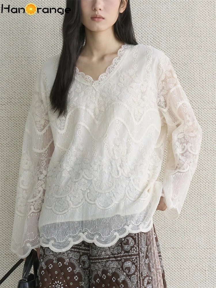 

HanOrange 2026 Early Spring Lace V-neck Double Lined Transparent Blouse Women 3D Embroidered Top Apricot