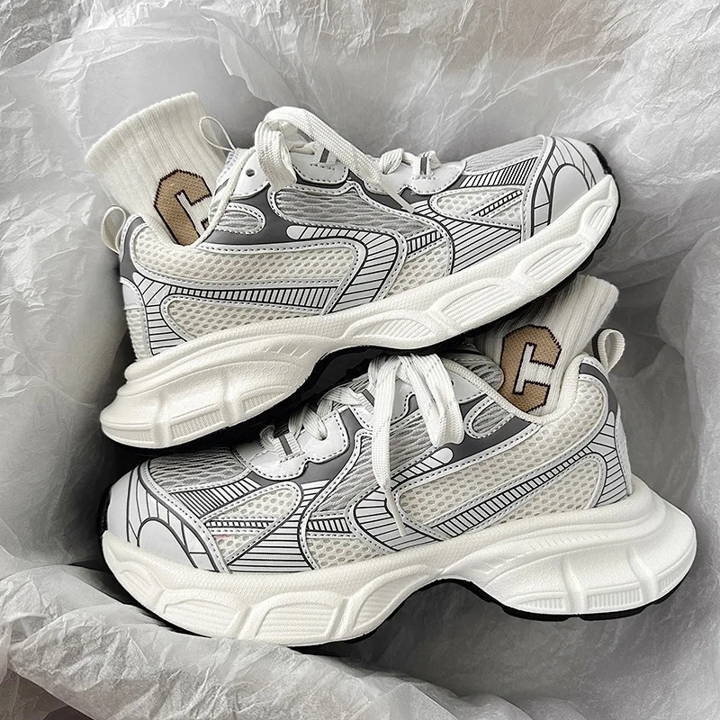 Zapatillas de deporte de cuero y malla para hombre y mujer, zapatos gruesos de plataforma alta con cordones, calzado informal con tacón de cuña para