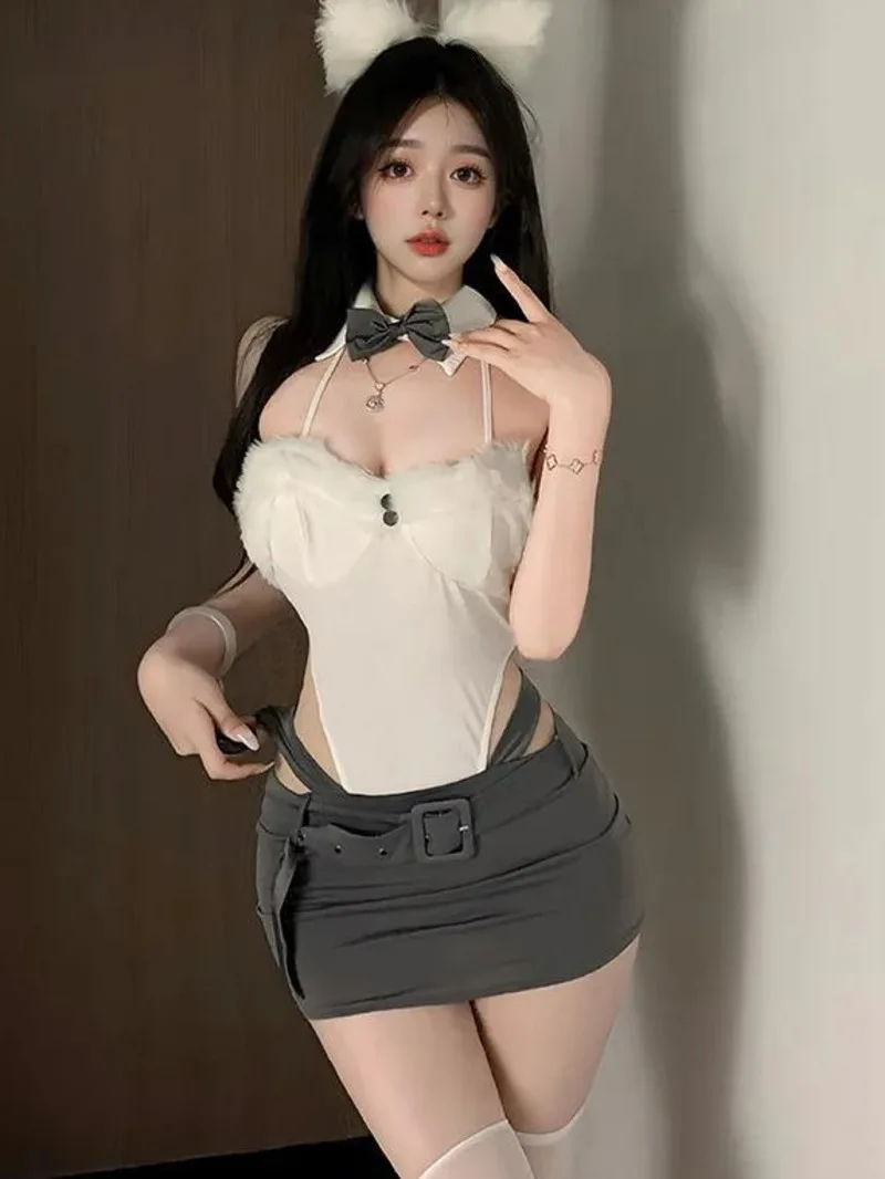 

Sexy Bodysuit Uniform Skirt Sets Flirting Sexy Nightclub Wear For Women Bowknot Backless Deep V Sleeveless Skirt Sets Charm Y2YW