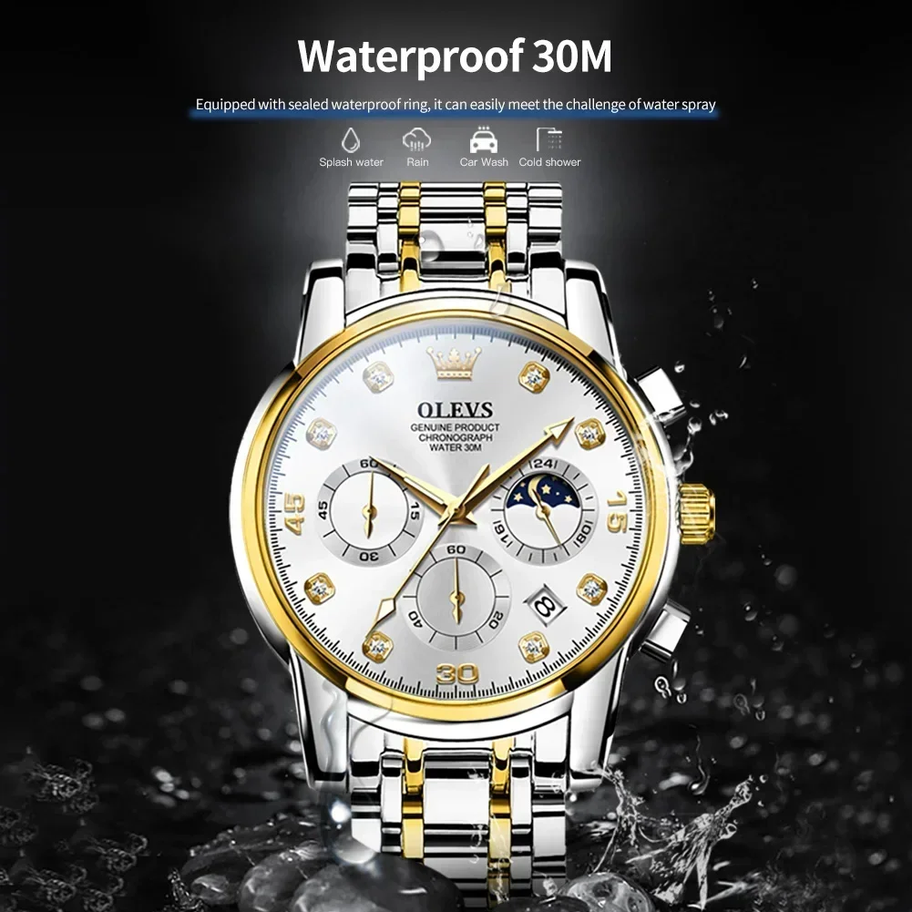 OLEVS 2889 Original New Quartz Luxury Mens Watches Chronograph Business Fashion 30M Waterproof Stainless Steel Mens Watches