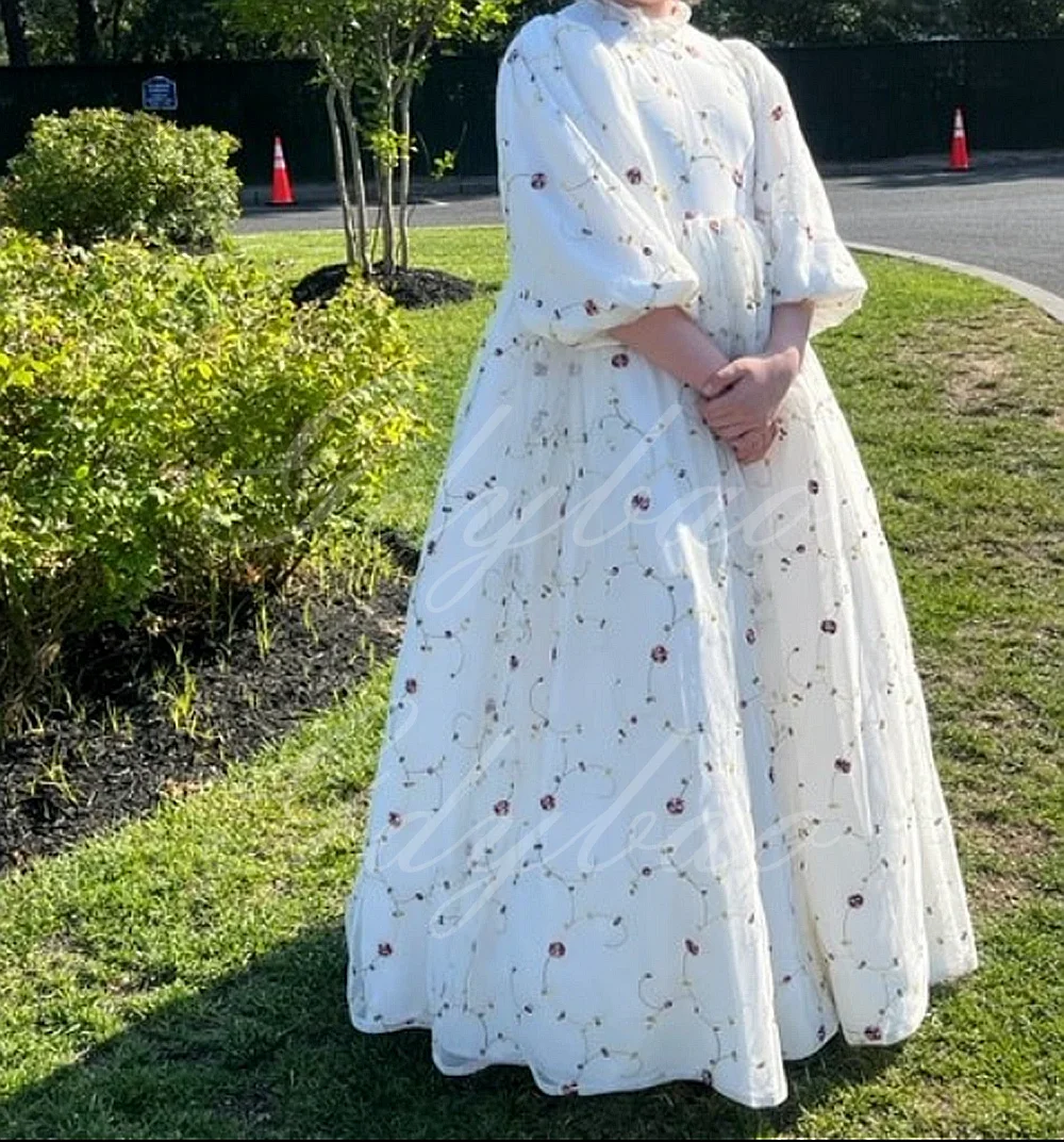 Vestido de Primera Comunión para dama de honor, vestido de princesa con bordado de flores, cintura alta, cuello alto con volantes, manga hinchada