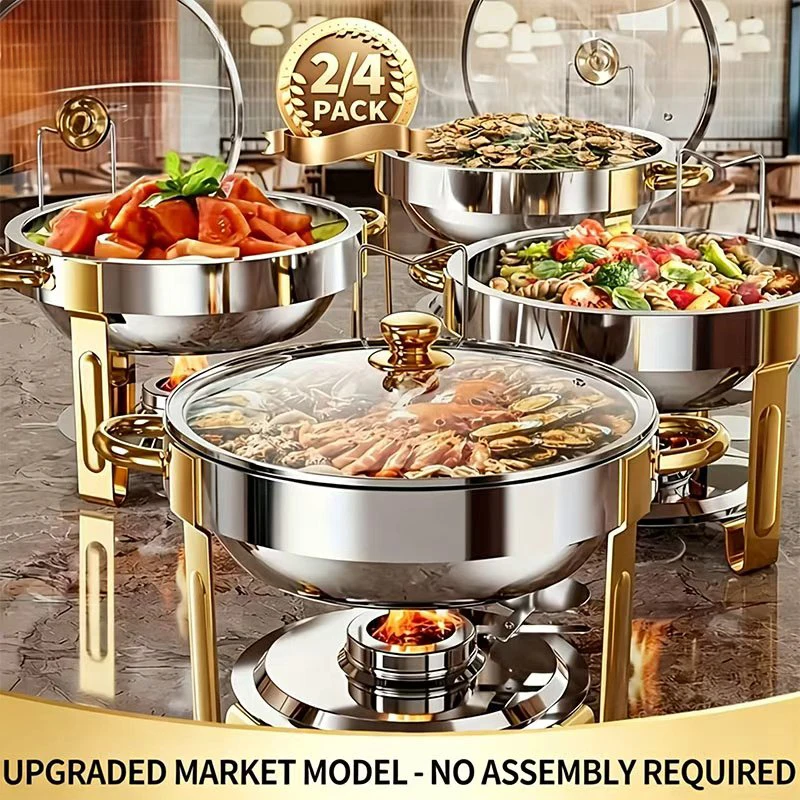 

2/4PC Stainless Steel Buffet Instant Pot Set, 5QT [No Assembly Required] Circular Buffet Instant Pot Set with glass cover and stand, stainless steel food storage pan for party, banquet and wedding use [For Cooking Only]