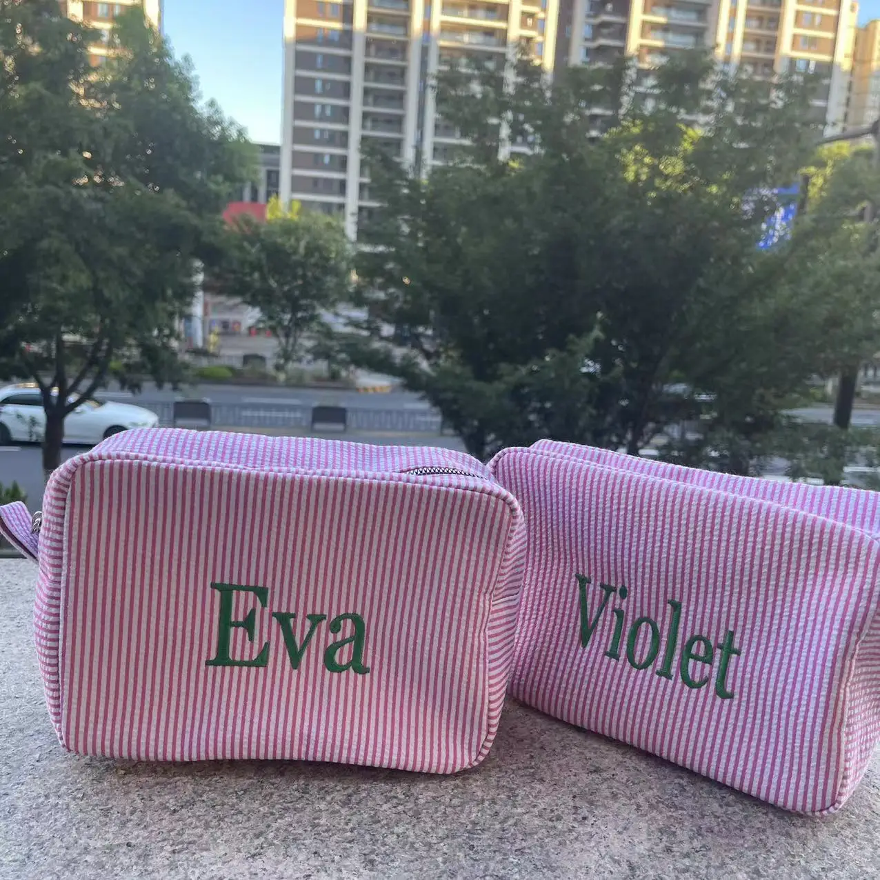 Custom striped makeup bag for travel, portable toiletry bag with custom name for women, makeup storage bags with embroidery