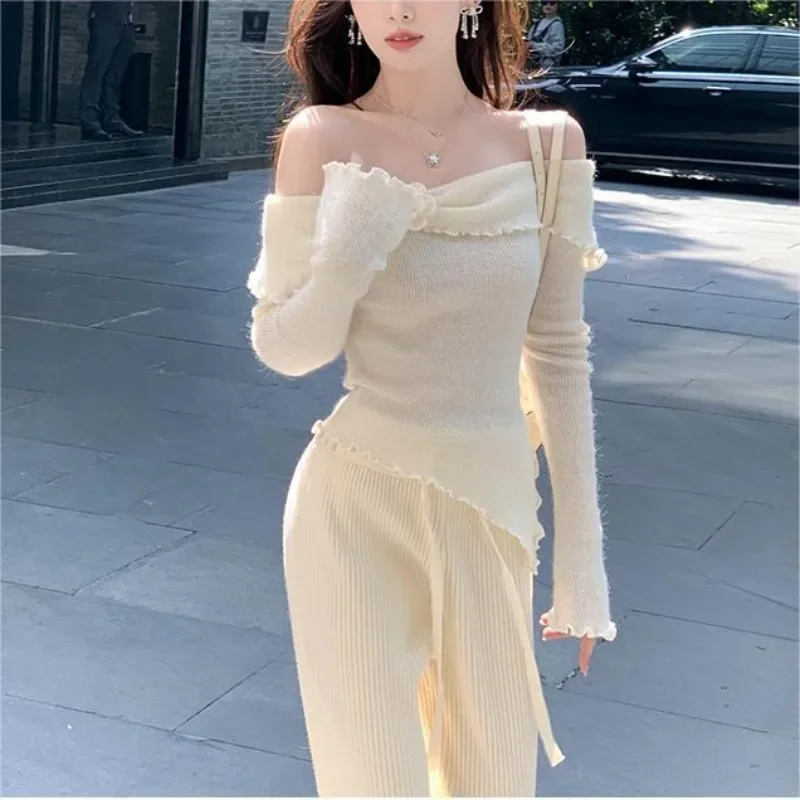 Matakawa Flare Sleeve Solid Slash Neck Women Sweaters Korean Fashion 3D Flowers Sweet Pull Femme Irregular Slash Neck Pullovers