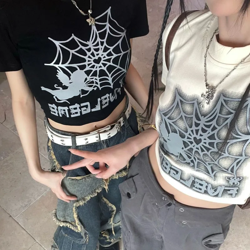 Top corto de algodón con estampado de araña Punk gótico para mujer, camiseta de manga corta de calle alta americana, camiseta de gran tamaño para niña y pareja