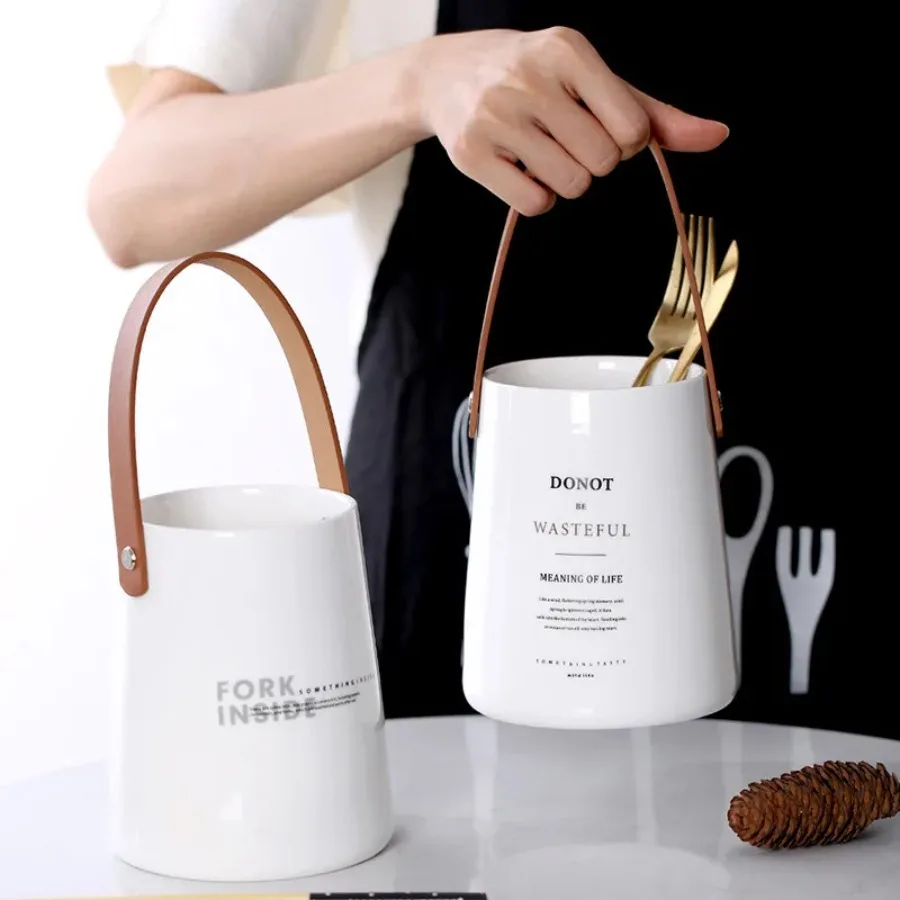 

Portable Ceramic Chopsticks Storage Box with Leather Kitchen Cutlery Racks Handle Drain Rack Spoon Knife Fork Tableware Holder