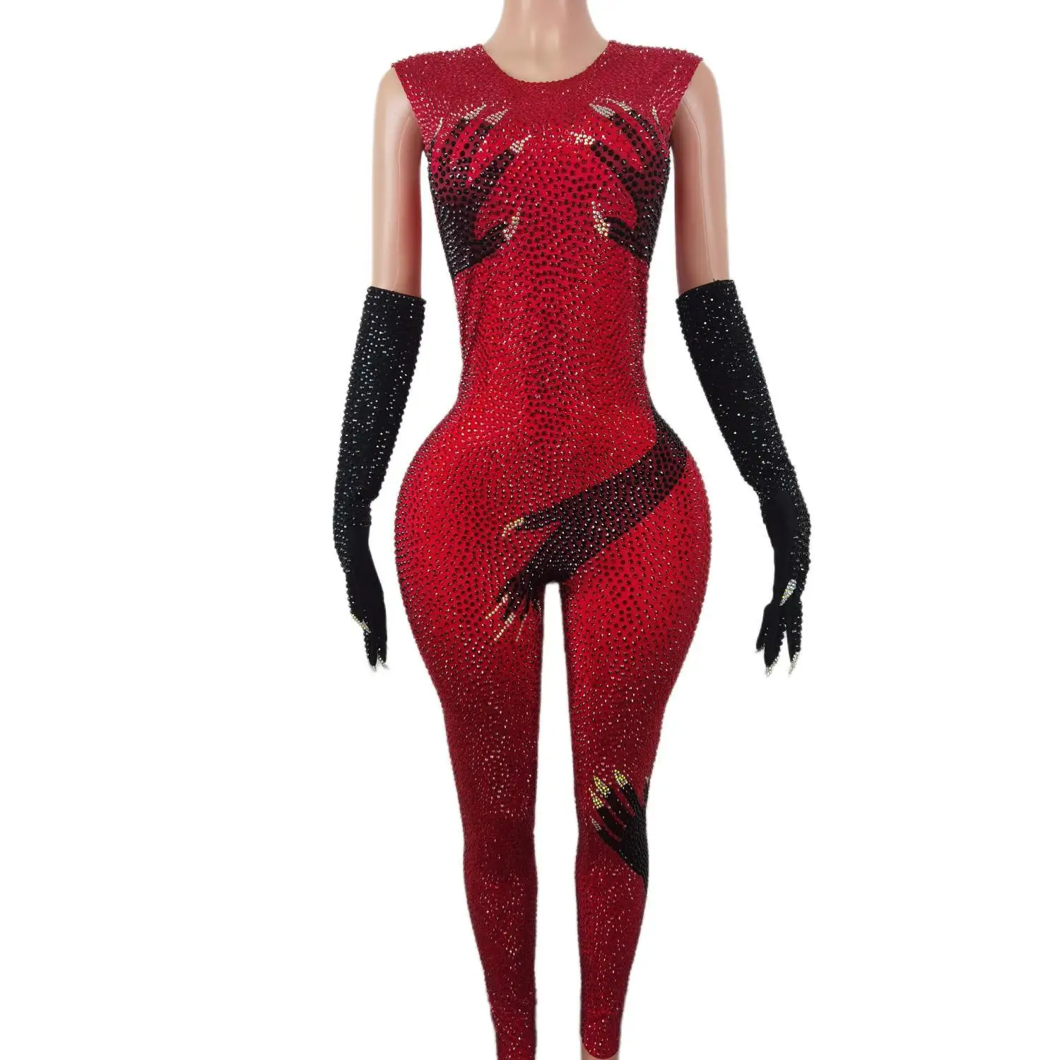 

Sexy Pole Dance Outfit Women Party Gogo Clothing Clubwear Drag Queen Costume Red Crystal Jumpsuit with Gloves 2024 Heishou