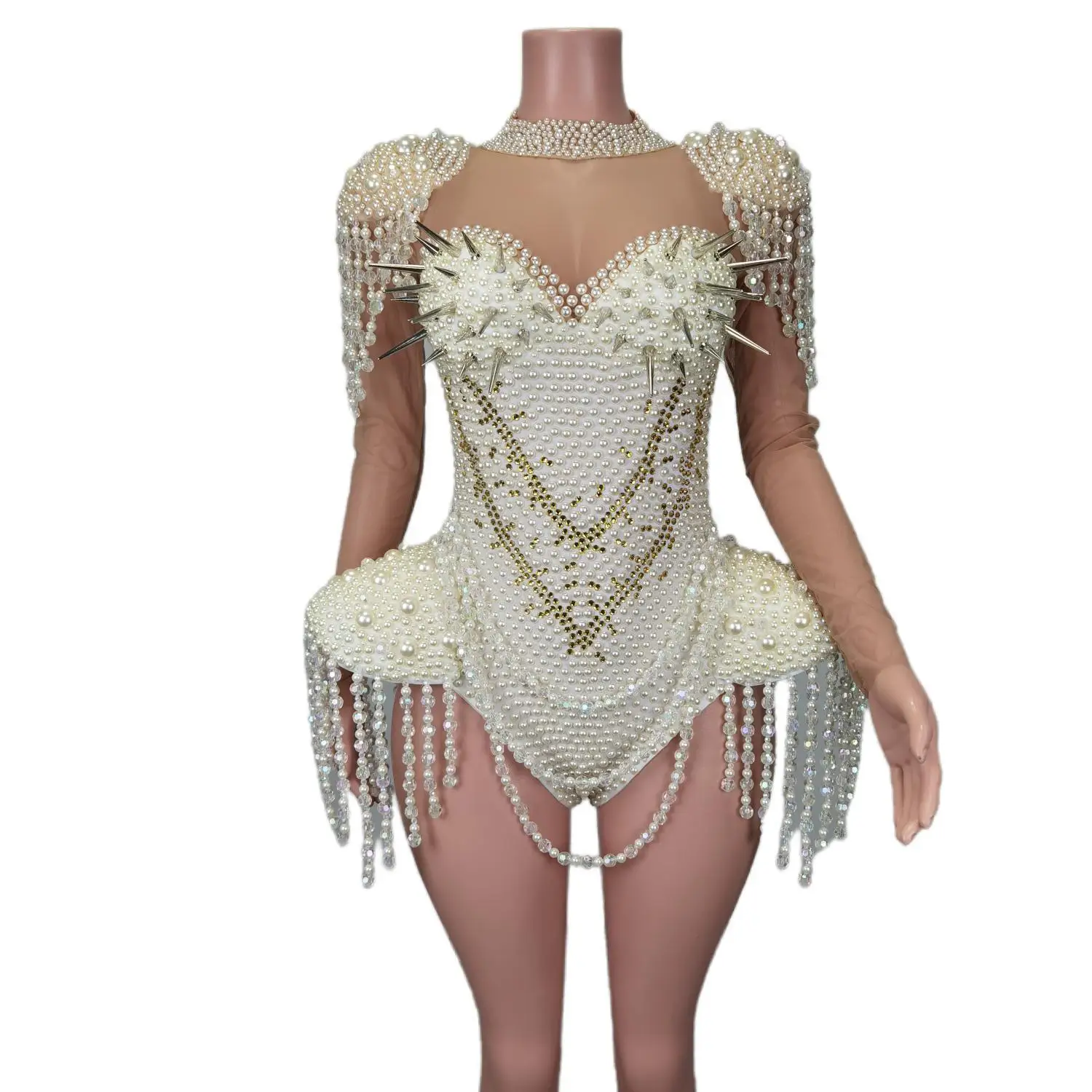 

Sexy Punk Rivets White Pearls Tassel Stage Performance Jumpsuit Stripper Exotic Dancewear Women Rhinestone Bodysuits Dingzhici