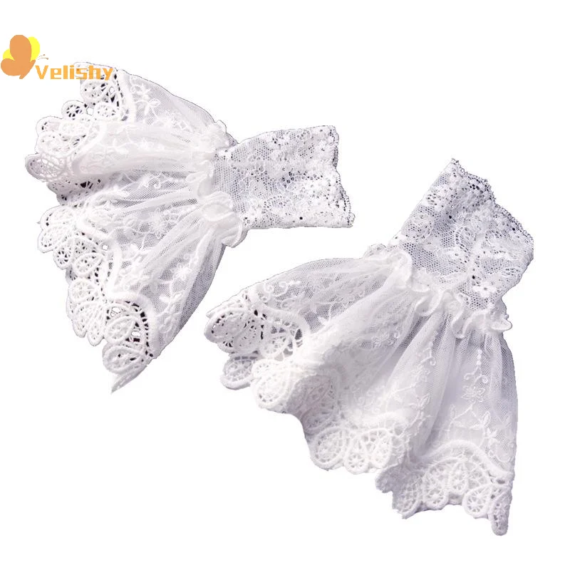 Female Girls Sweater Decorated Fake Sleeves Hollow Out Crochet Floral Lace Horn Cuffs Embroidery Flounces Elastic