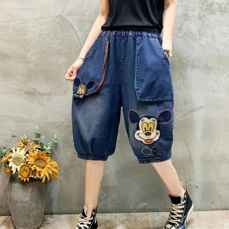 Летние потертые джинсовые брюки до колена с вышивкой Микки, женские свободные узкие шаровары, джинсовые повседневные шорты, корейская мода