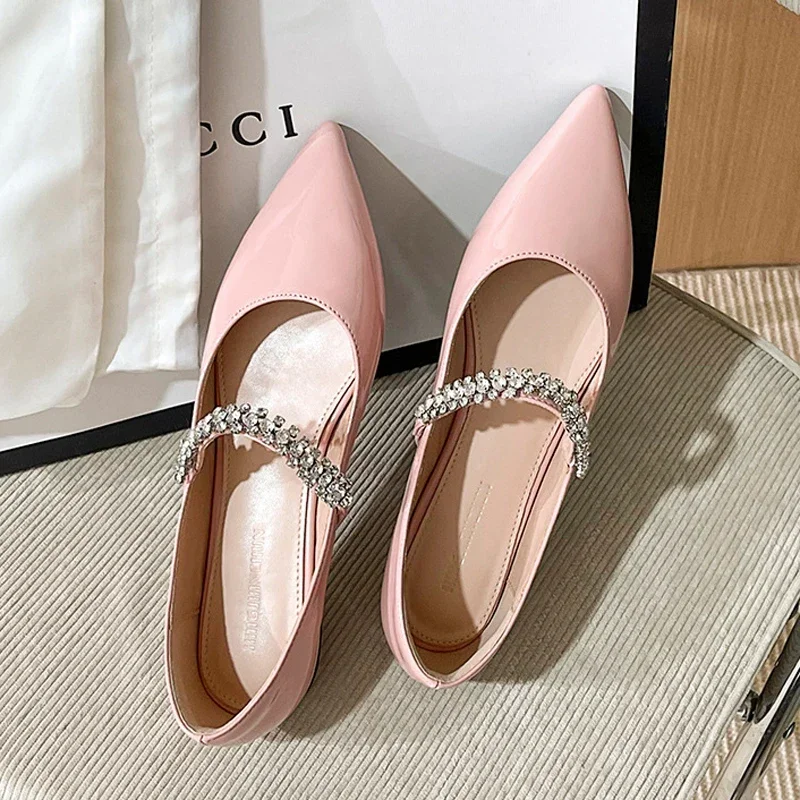 Fairy Girls Pink Ballerinas 2024 Woman Pointed Toe Flats Crystal Belt Loafers Shallow Slip On Ballets Femmes Shiny Party Shoes