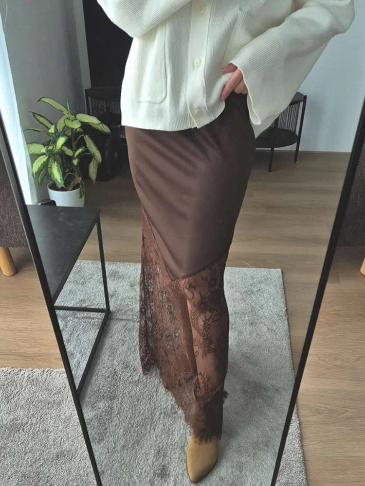 

Talenza Vintage Lace Skirts Women Brown Lace Patchwork See-Through Maxi Skirts Sexy High-Waisted Fitted Party Looks Female Skirt