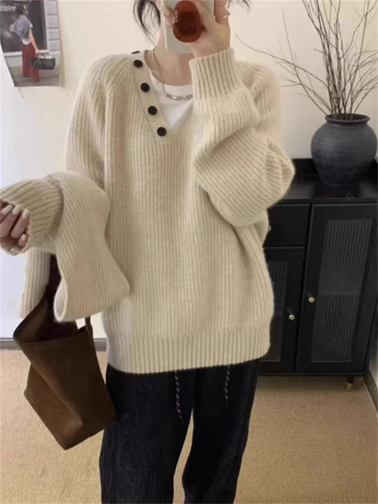 

Gray High Neck Knitted Sweater Women's Loose Style Soft Cozy Button up Spring Fashion Comfortable Long Sleeve Top