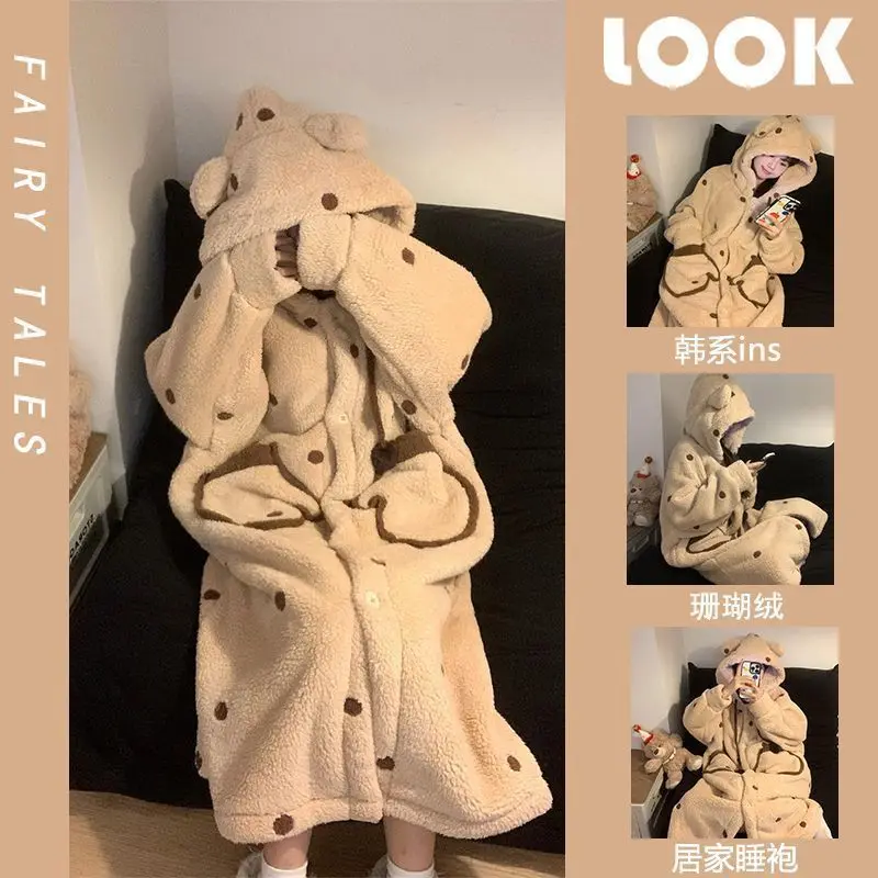 

2025 зимние толстые теплые фланелевые ночные рубашки с длинными рукавами и капюшоном для женщин, одежда для сна из кораллового флиса, ночное платье, ночная рубашка, домашняя ночная рубашка