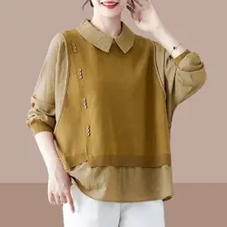 Spring Autumn Contrasting Colors Patchwork Asymmetrical T-shirt Casual Loose Chic Button Female Polo-Neck All-match Pullovers