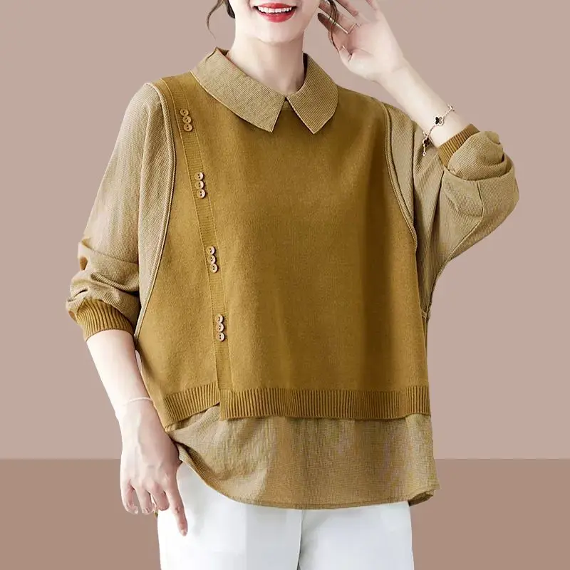 Spring Autumn Contrasting Colors Patchwork Asymmetrical T-shirt Casual Loose Chic Button Female Polo-Neck All-match Pullovers