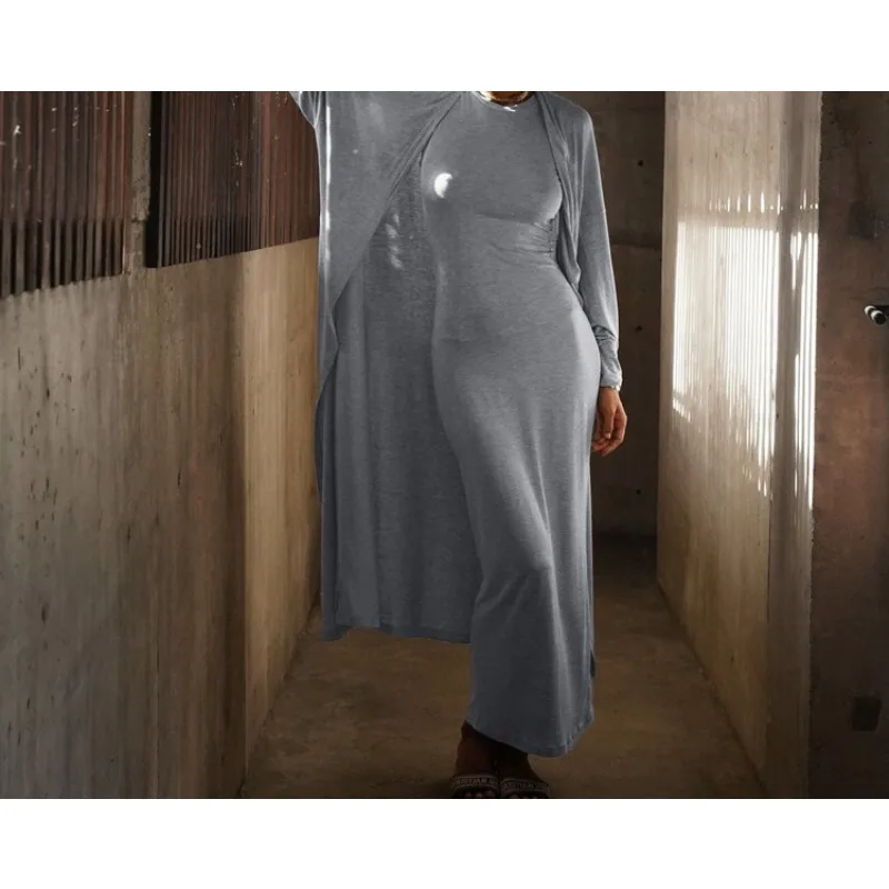 

Solid Color Round Neck Sleeveless Vest Skirt Set Temperament Hip-wrapped Long Skirt Long Cardigan Casual Two-piece Set