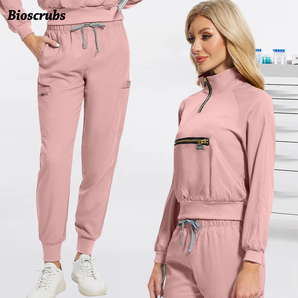 Operating Room Top+Pants Long Sleeve Medical Uniform Women Beauty Salon Work Wear Doctor Nurse Scrub Set Nursing Pockets Clothes