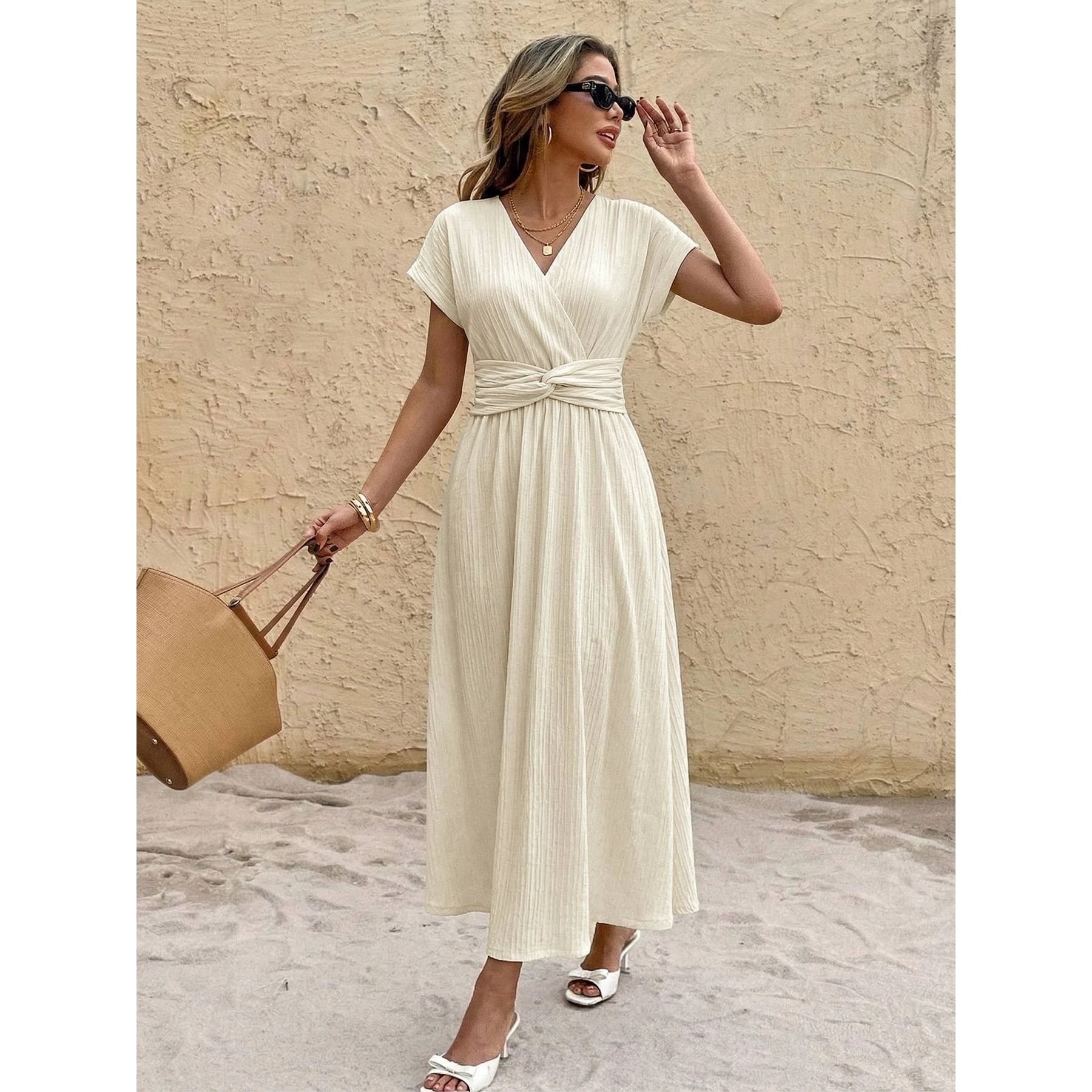 

Spring Summer New Pure Color V-Neck High Waist Long Dress Women's Casual Cross-Border Daily Dress Woolen Fabric Midi Dress