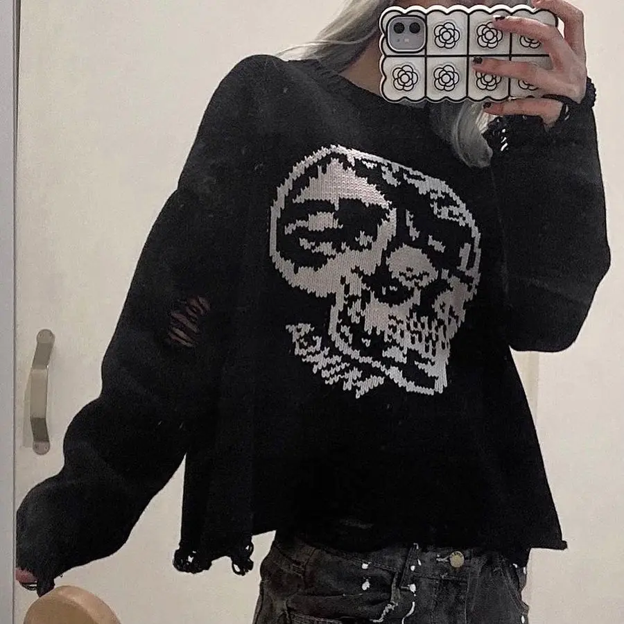 

Hip Hop Knitwear Mens Women Sweaters 2022 Harajuku Fashion skull Male Loose Tops y2k clothes Streetwear Pullover frayed Sweaters