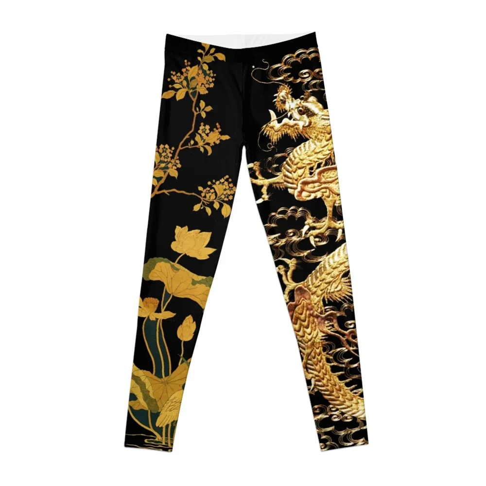 GOLD DRAGON IN BLACK,Egret,Lotus,Green GoldFloral Leggings Women pants Women\'s fitness leggings