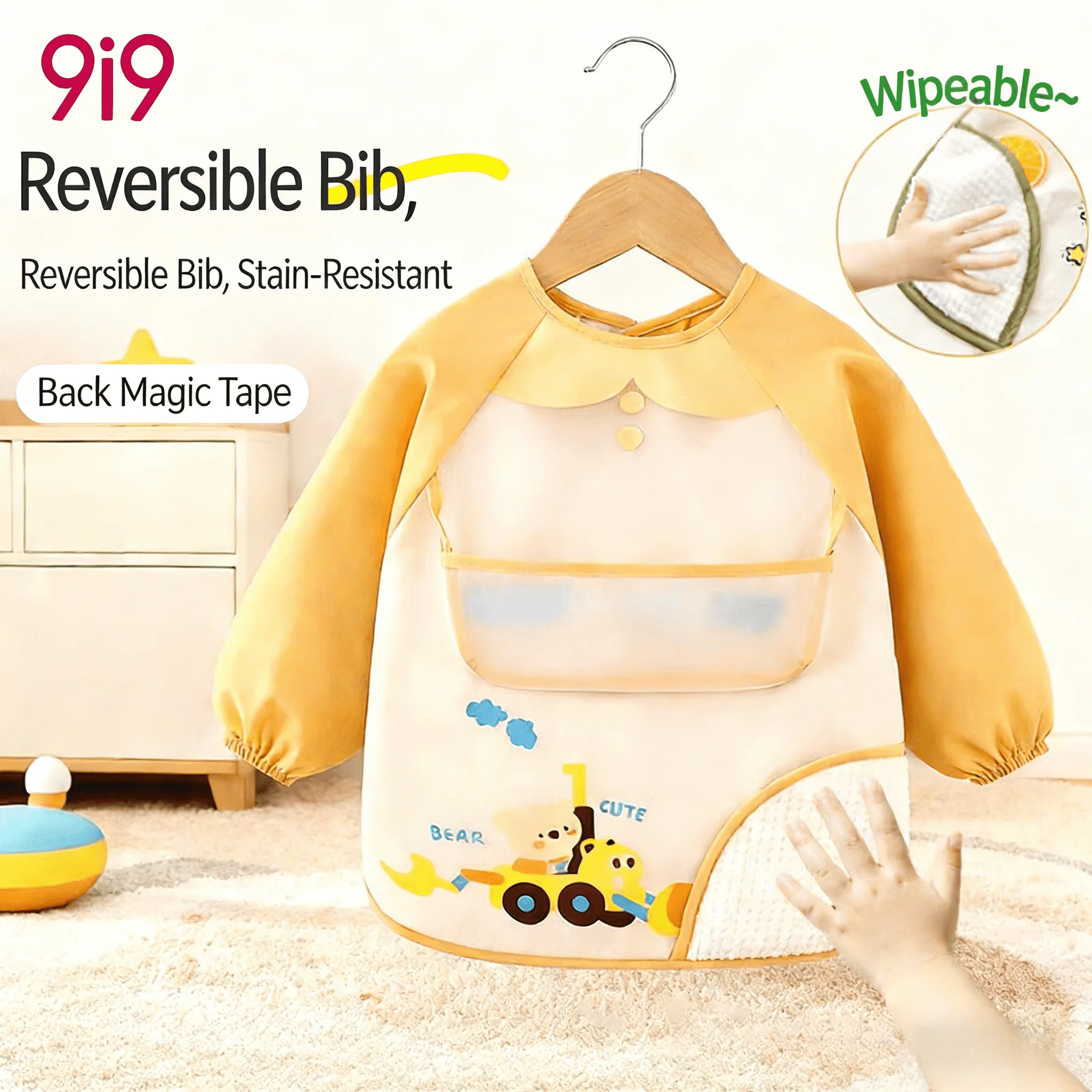 

Детский фартук-накидка 9i9 для кормления, осенне-зимний, водонепроницаемый, двусторонний, с карманом для еды, грязеотталкивающий, с длинными рукавами