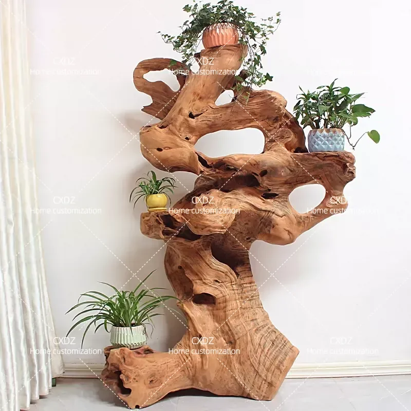 Camphor Wood Root Carving Flower Stand Solid Wood Natural Tree Root Base Floor to Ceiling Multi Layer Living Room Bonsai