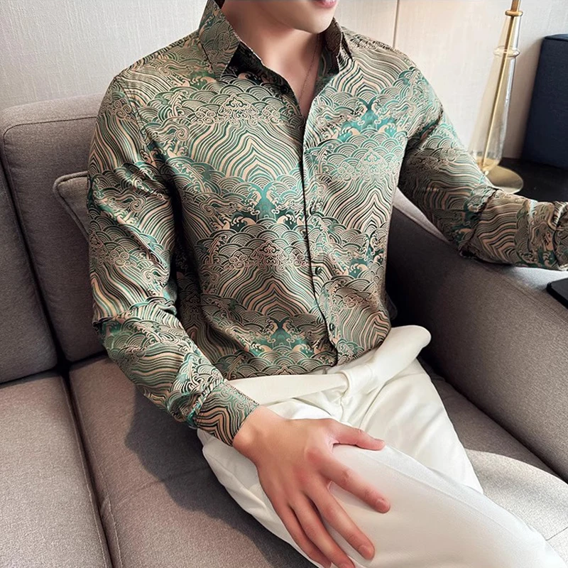 

Luxury Vintage Jacquard Silk Shirts for Men Autumn Spring Long Sleeved Slim Men's Dress Shirt High End Social Mens Clothing 4XL