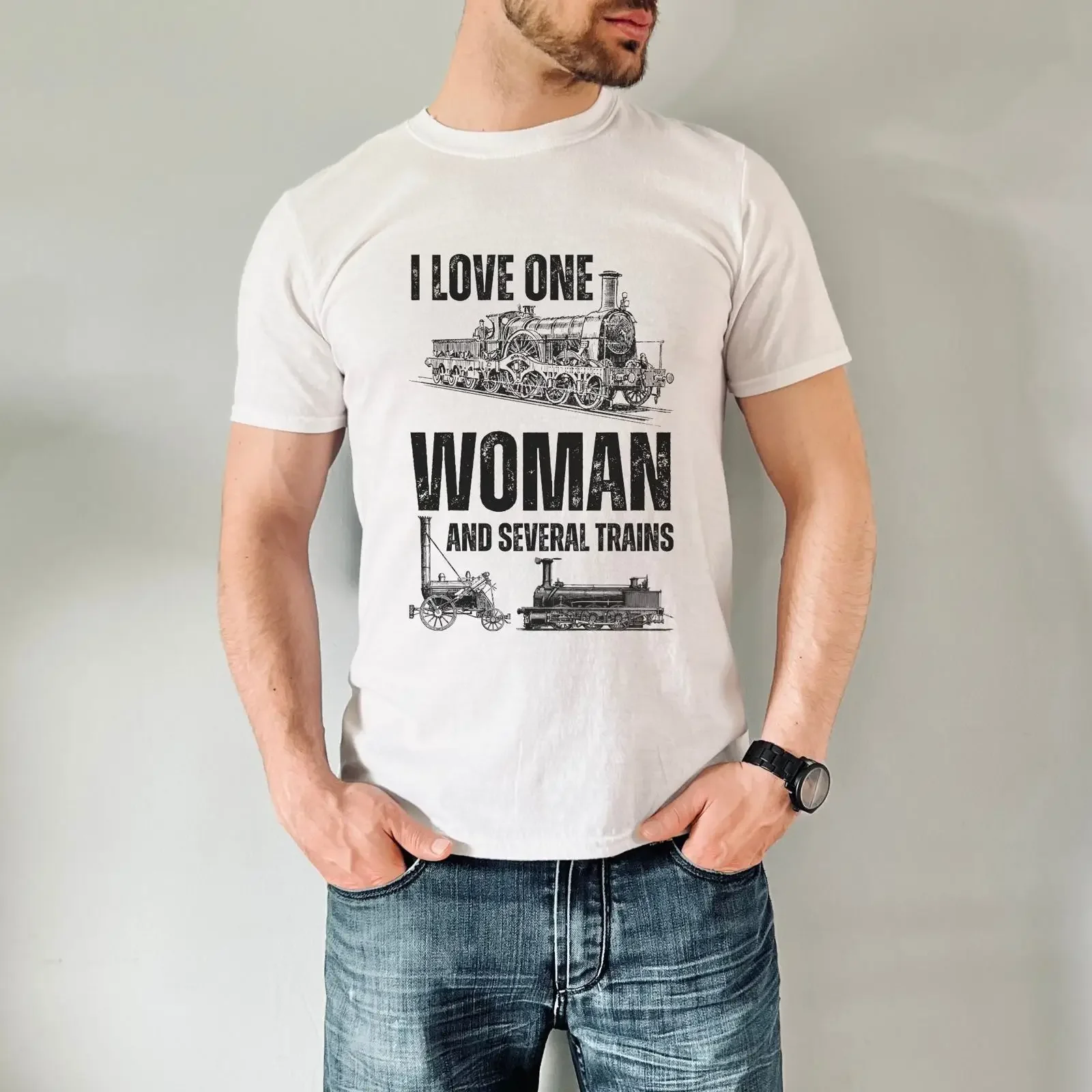 I Love One Woman And Several Trains Funny Mens T Shirt Steam Railway Locomotive For Husband vintage Washed Unisex Versatile