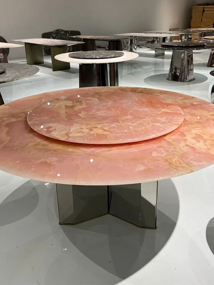 

01 -*Imported pink crystal luxury stone dining table Italian style natural marble round table