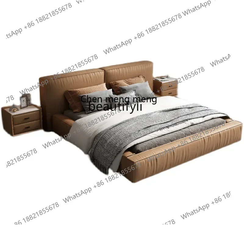 D178 First Layer Cowhide Silent Style Bed in Master Bedroom Simple Modern Genuine Leather Soft Cushion Double Bed Nordic Cream S