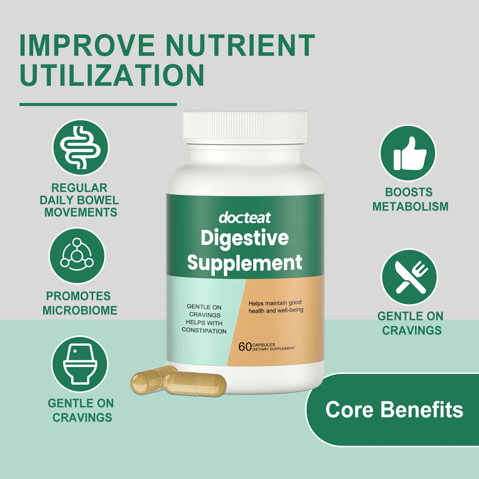 

Капсулы для ухода за кишечником легко впитываются и поддерживают улучшивание кишечной среды. Мягкая формула, 60 капсул