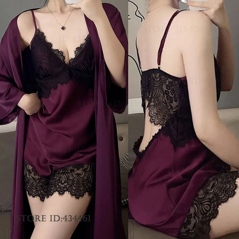 Sexy Lingerie 3PCS Robe Pajamas Set Loungewear Sexy Lace Backless Strap Top&shorts Bathrobe Chemise Sleepwear Loose Homewear