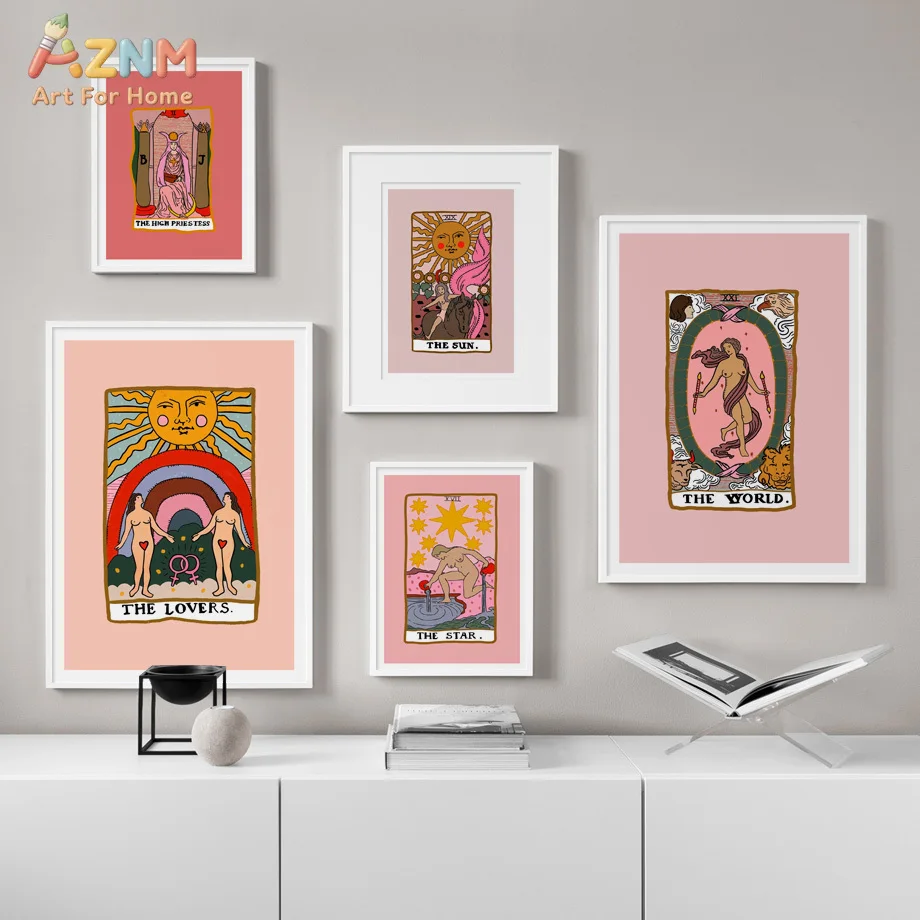 

AZNM Pink Tarot Card Frameless Canvas Print - The Lovers, The Sun, The Star, The World and High Priestess Mystical Wall Art for