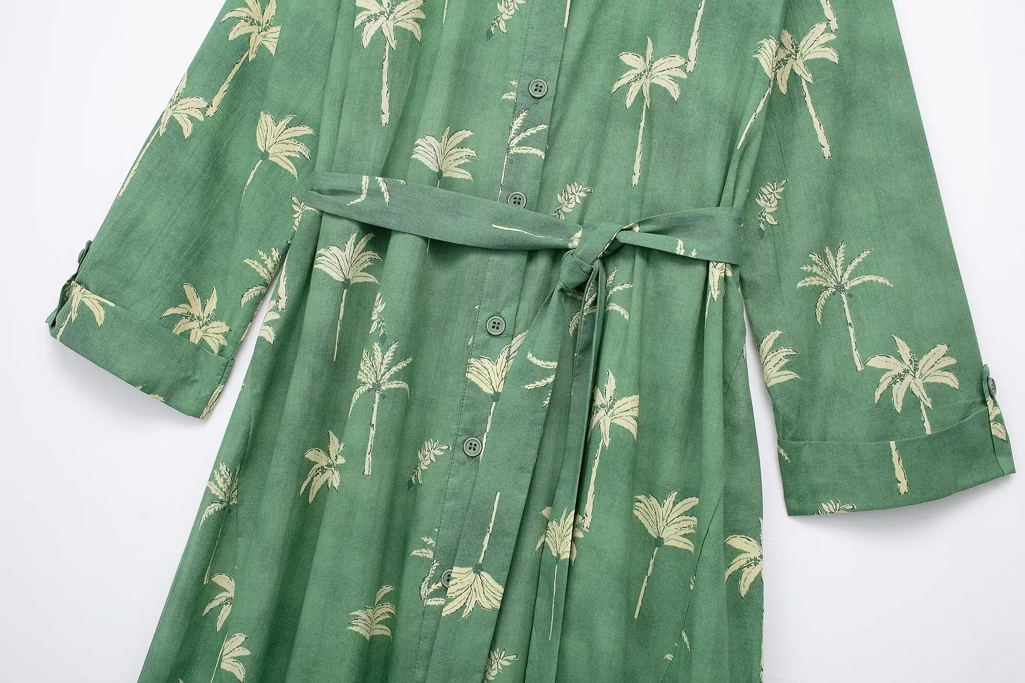 TRAF Green Print Shirt Dress Woman Belt Ruffle Long Dresses for Women Summer Beach Midi Dress Women Long Sleeve Female Dress