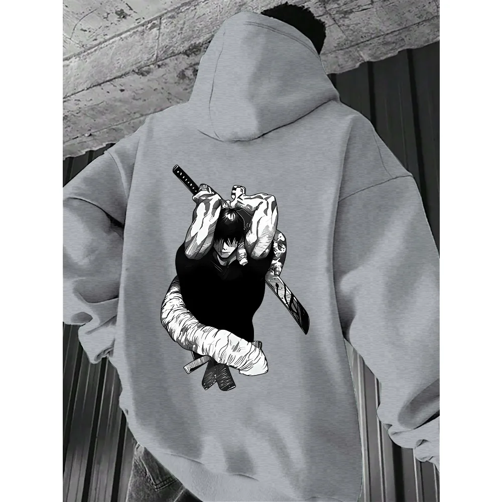 Anime Jujutsu Character Sword Wrapped‑arm Graphic Back Print Hoodie Loose Fit Unisex Autumn Winter