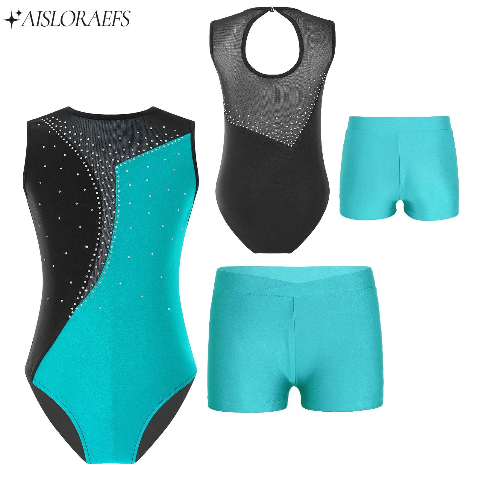 

Kids Girls Sleeveless Gymnastics Dance Outfit Swimsuit Leotard+Shorts Suits for Figure Skating Performance Ballerina Dancewear