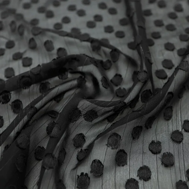 Sheer Chiffon Fabric Black Circle Polka Dot Vertical Stripe Silver Soft Lightweight Drapey for Shirt Dress Skirt DIY Sewing