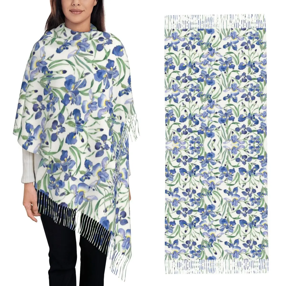 

Элегантный шарф с французскими цветами ириса, шарфы с кисточками, женские мягкие теплые шали и накидки, большая осенне-зимняя шаль