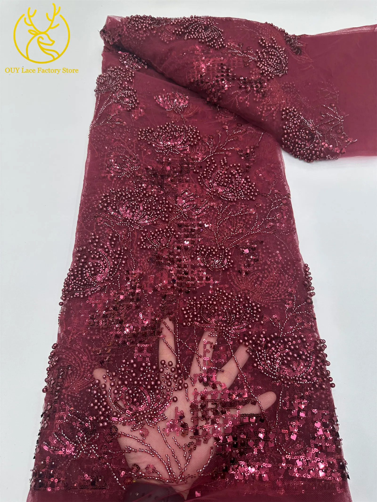 Goldener afrikanischer Spitzenstoff, französischer Mesh-Spitzenstoff mit Pailletten und Perlen für Party- und Abendkleider, zum Nähen von afrikanischen Spitzenstoffen für Damen – Detail 14