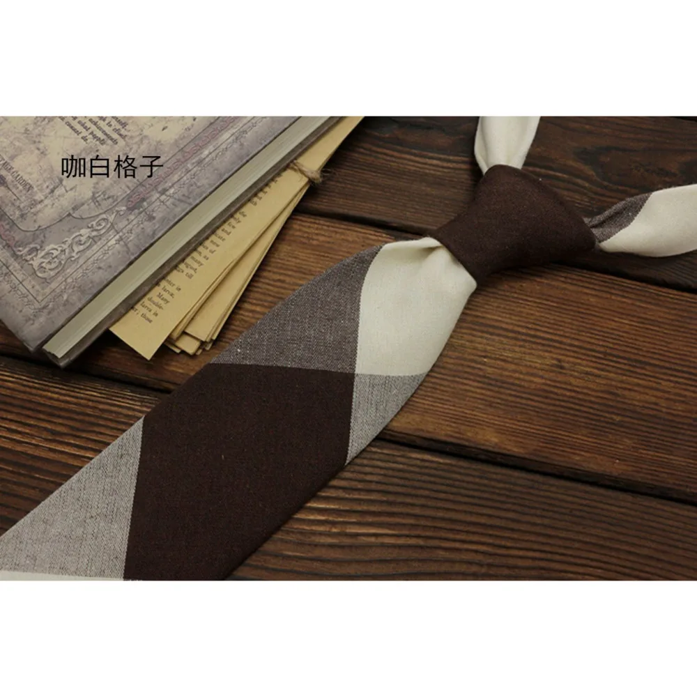 Cotton Linen Brown Ties For Men Formal Dress 7cm British Casual Necktie Striped Plaid Cravat Women College Style Shirt Neckwear