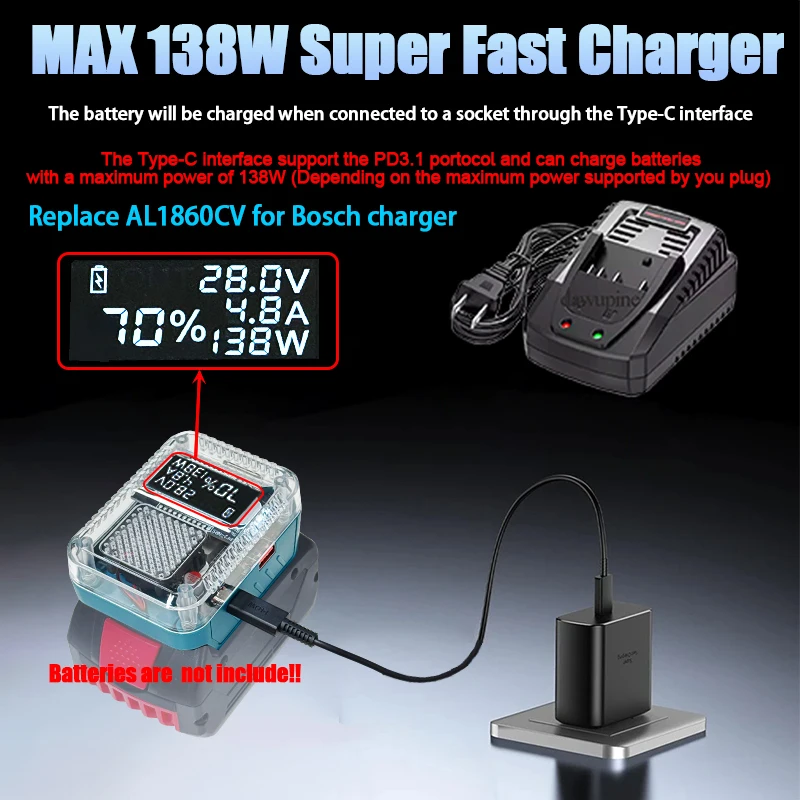 

BAT618 Lithium Battery Adapter Converter For Bosch 18V Li-ion Battery Charger USB Type C Power Bank 1018K AL1820CV
