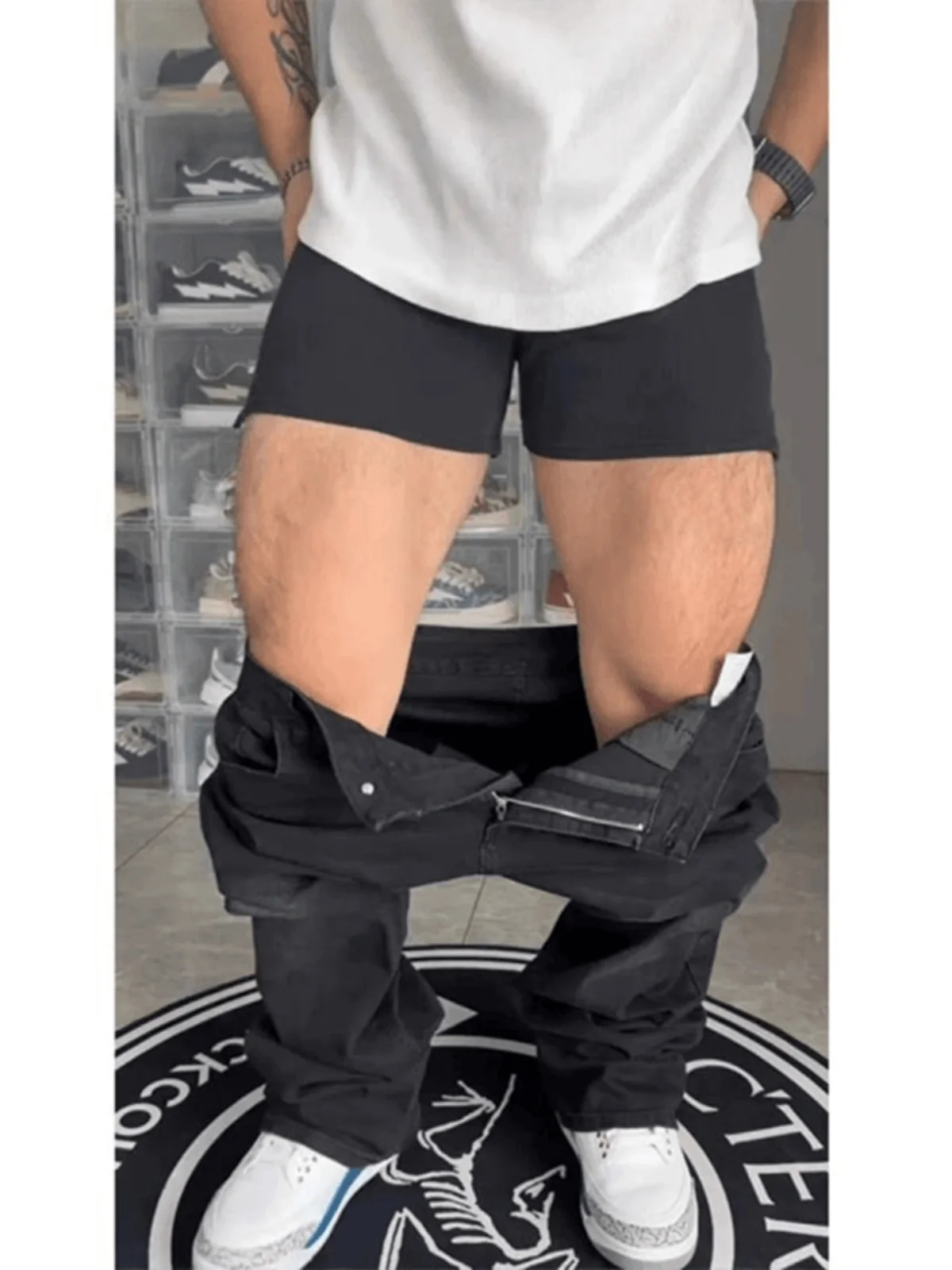 

Джинсы-клеш с высокой талией для мужчин больших размеров, эластичные джинсовые брюки в американском уличном стиле, джинсы с эффектом утончения фигуры и изогнутыми штанинами