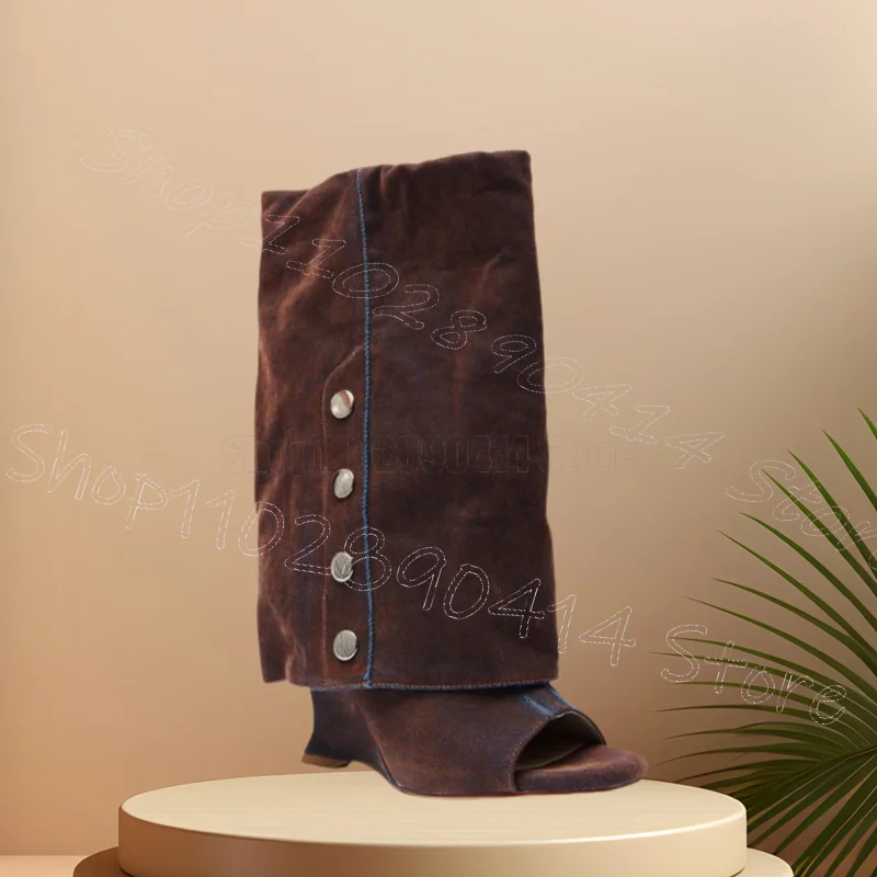 

Button Design Brown Suede Strange Style Heels Boots Slip On Women Shoes Open Toe Party Banquet Dating 2025 Zapatos Para Mujere
