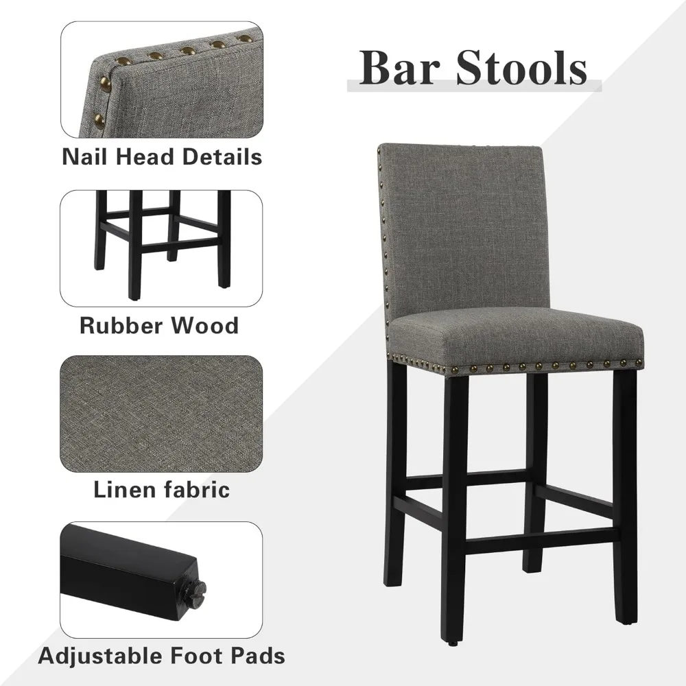 Set of 4, Counter Height Bar Stools with Backs, Nail Head Barstools with Wood Legs, Upholstered Kitchen Island Chairsy