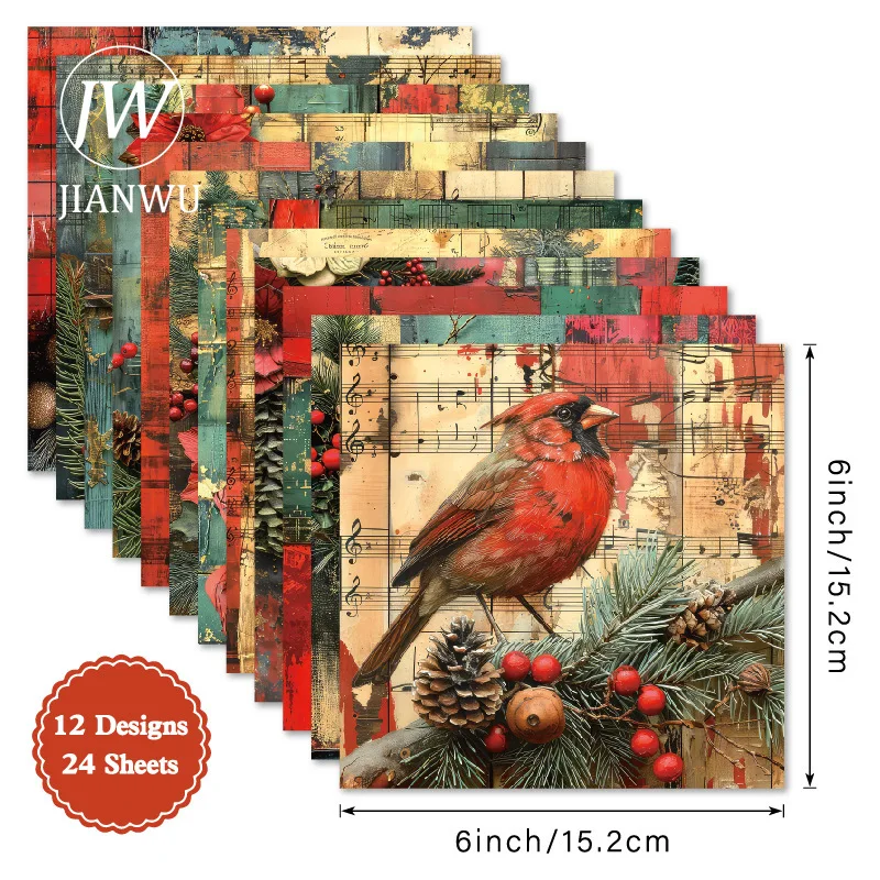 JIANWU 24 Lenzuola Vintage Albero Di Natale Uccello Fiore Paesaggio Collage Scrapbook Materiale Carta Creativa Spazzatura Ufficiale di Cancelleria